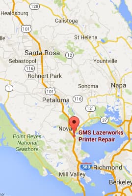 Map of the GMS Lazerworks service area across Marin and Sonoma counties