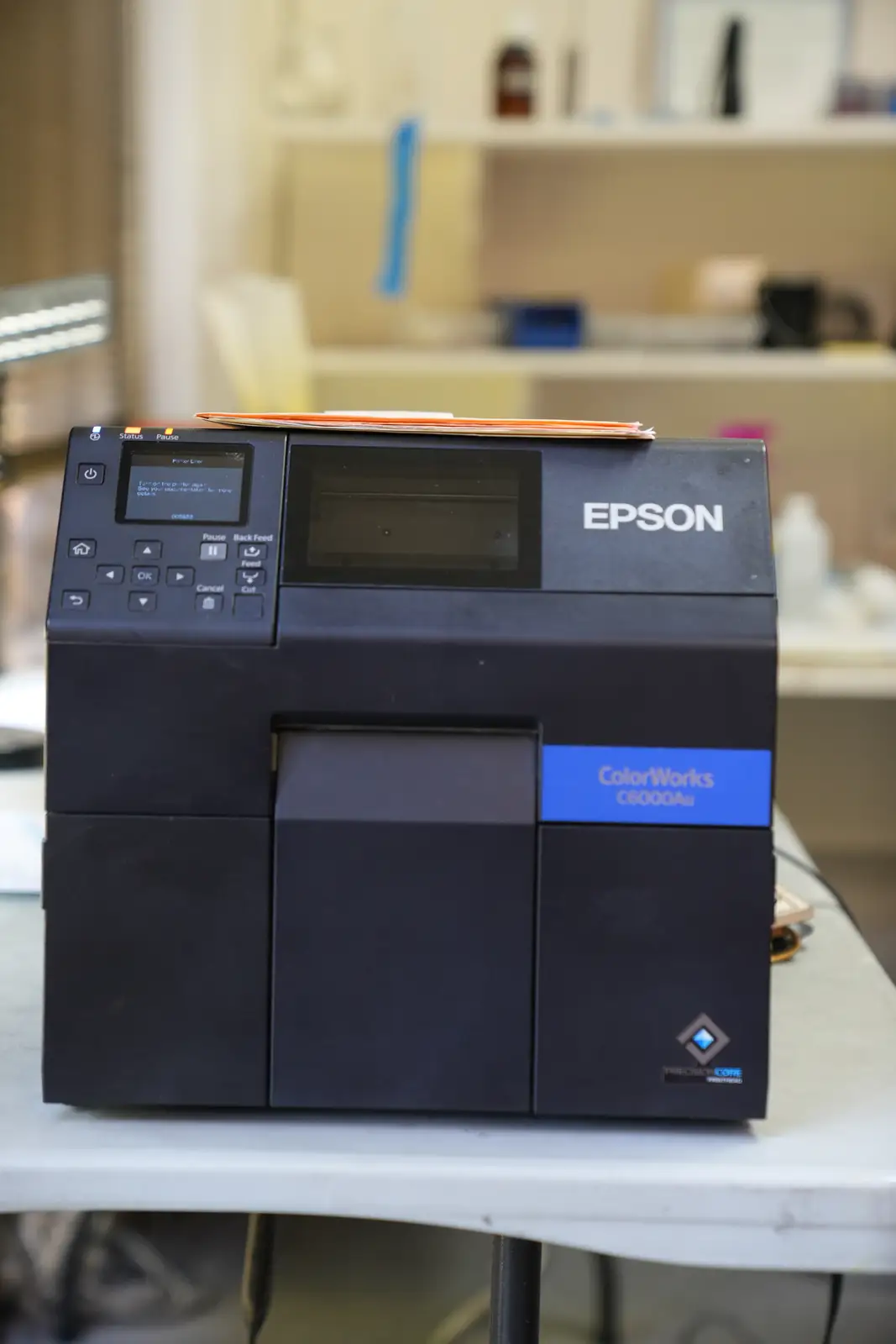 Epson ColorWorks label printer on the service counter