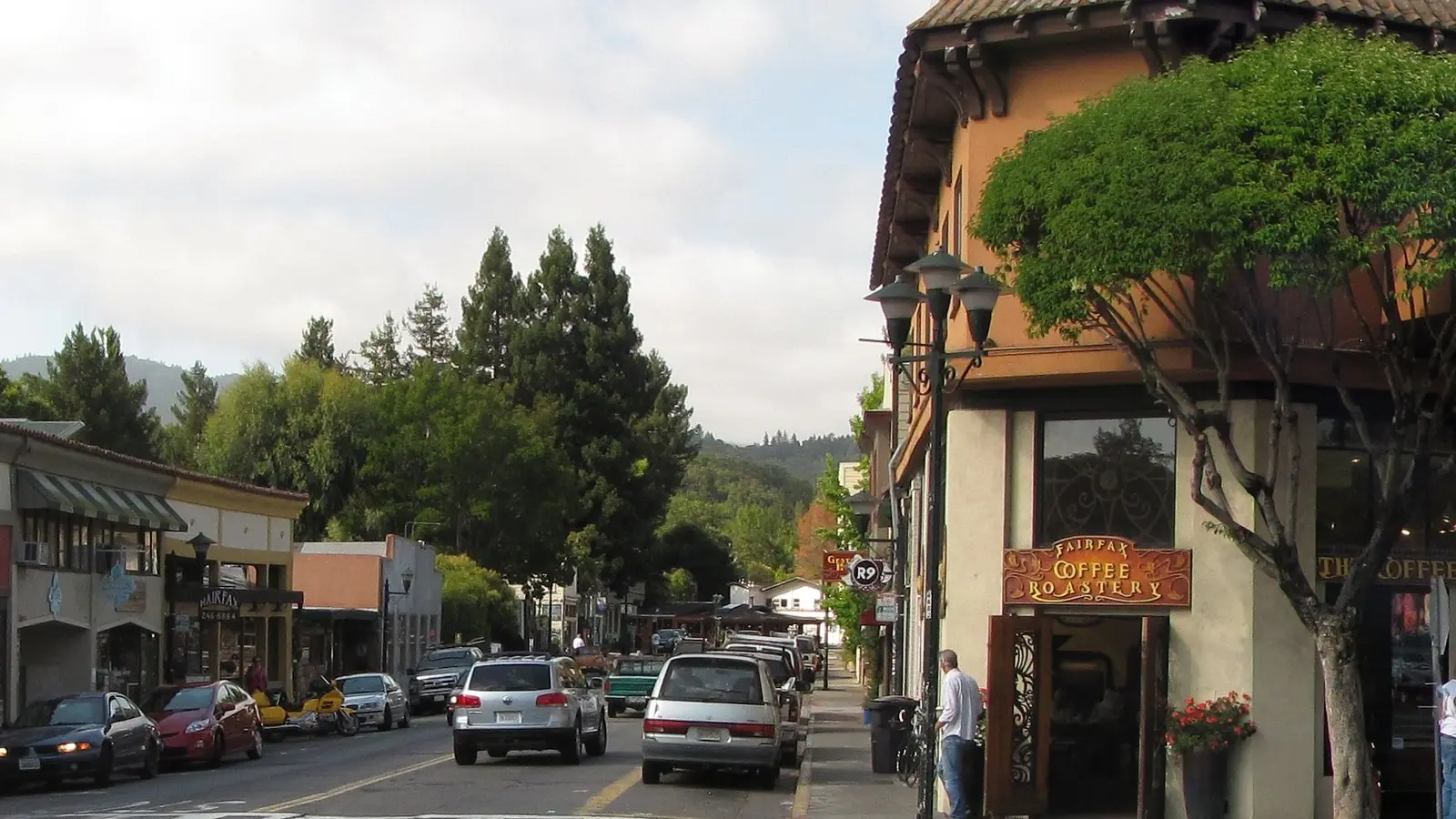 Shops, cafés and a coffee roastery on the main street of downtown Fairfax with wooded hills behind