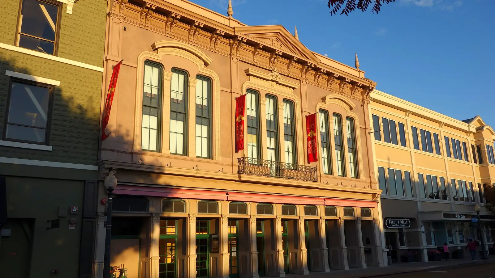 The restored Napa Valley Opera House facade in downtown Napa at golden hour