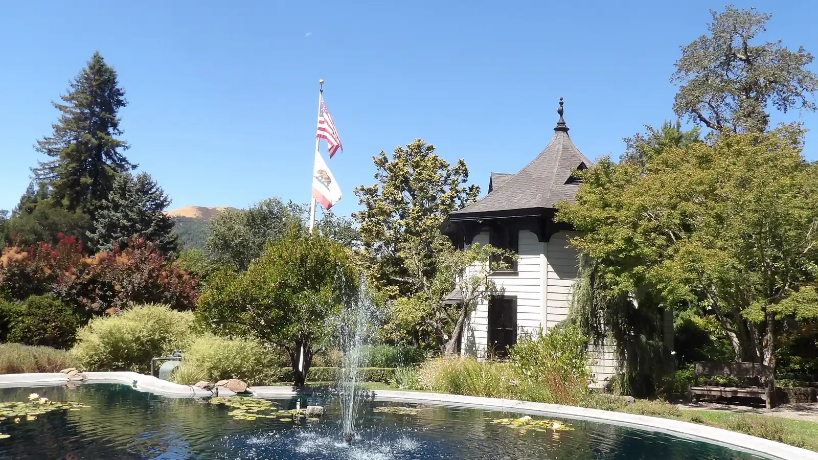 The fountain pond and Octagon House at the Marin Art and Garden Center in Ross