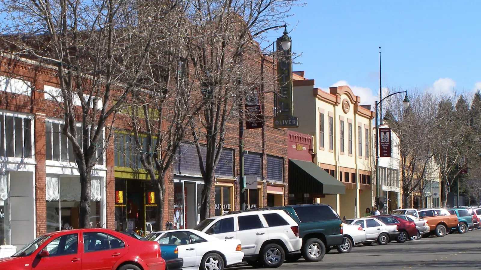 Historic brick buildings with shops and restaurants in Railroad Square, Santa Rosa