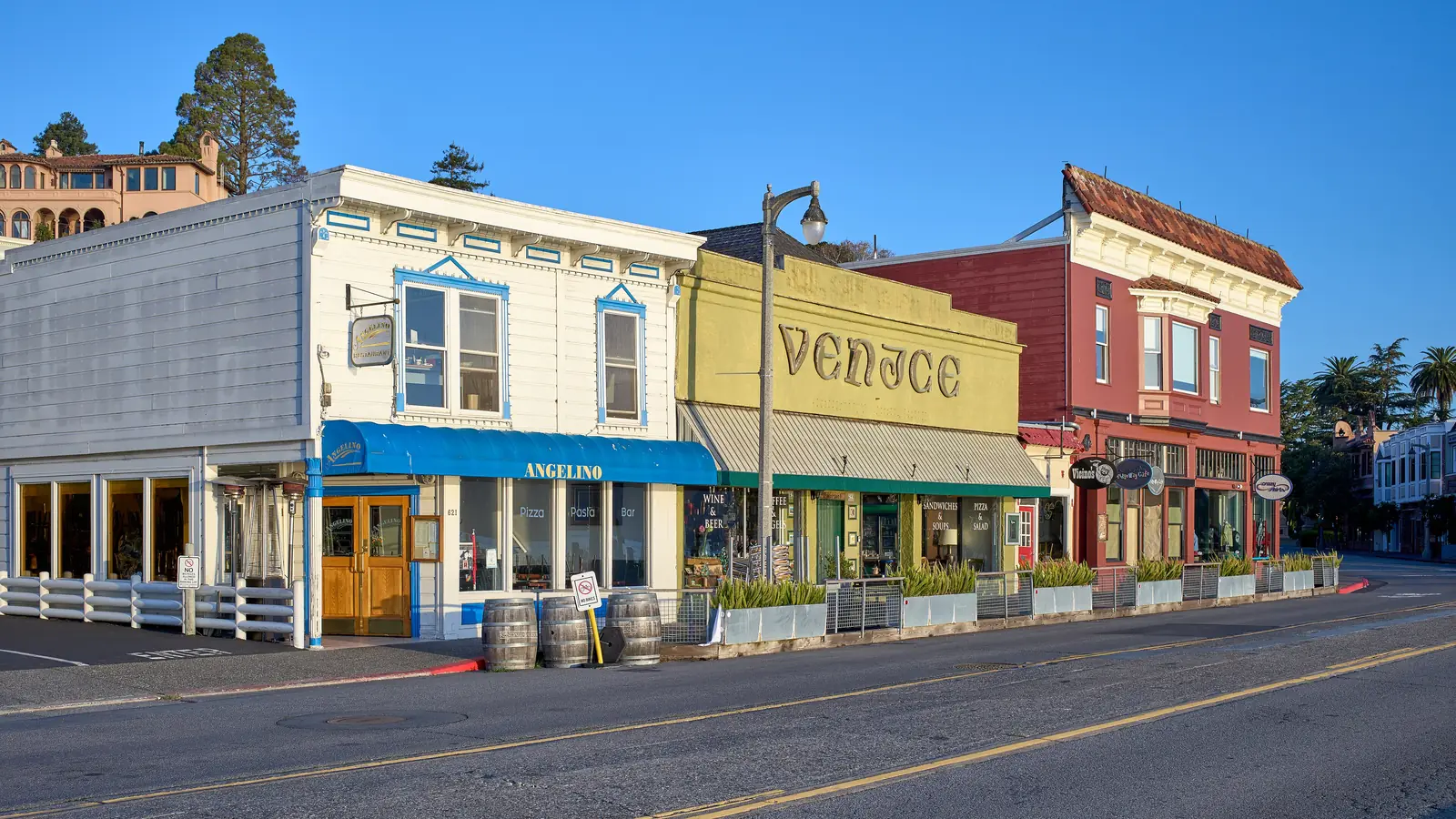 Colorful historic storefronts along Bridgeway in downtown Sausalito