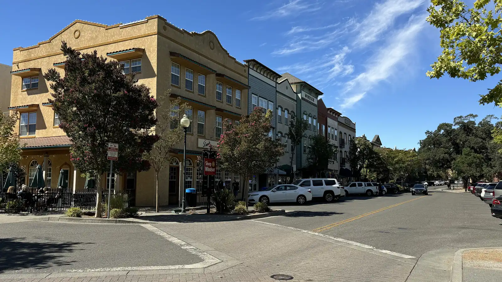 Mixed-use shop and apartment buildings on a street in downtown Windsor